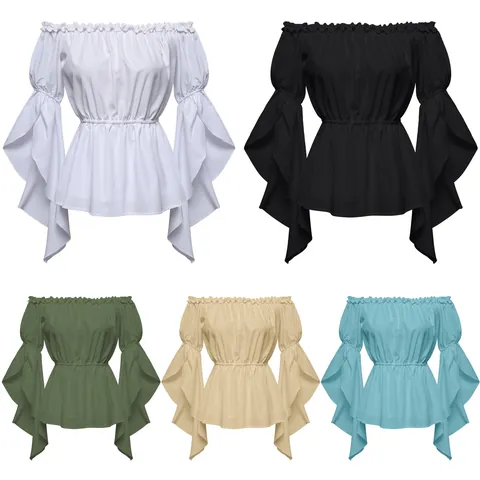 Top Donna Spalle Scoperte Volant Retro Maniche a Campana Vita Arricciata Camicetta Poliestere Estate Bohemien