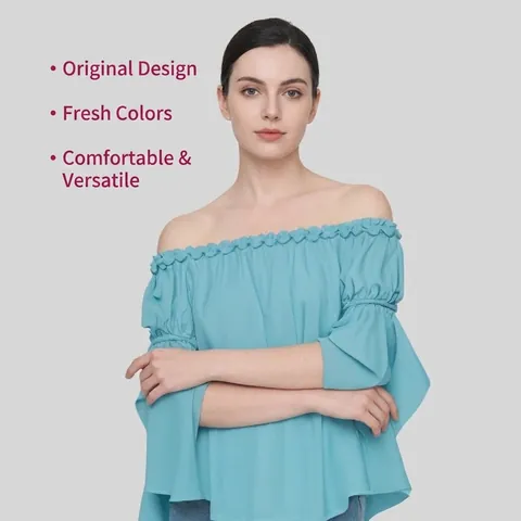 Top Donna Spalle Scoperte Volant Retro Maniche a Campana Vita Arricciata Camicetta Poliestere Estate Bohemien