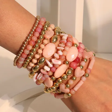 Fashion Beaded Bracelet Pink Marble Resin Heart Charm Bohemian Style Stackable Elastic Hand Jewelry For Women Gift