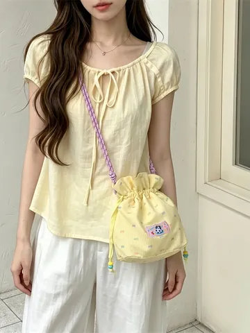 Sac Seau Mignon À Cordon Gingham Toile Polyester Écusson Dessin Animé Bandoulière Tissée Sac À Bandoulière Décontracté Pochette