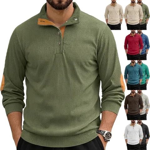 Felpa Da Uomo In Velluto A Coste A Maniche Lunghe Con Colletto Henley E Toppe Sui Gomiti Pullover Casual Retrò