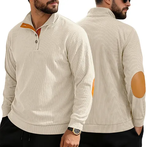 Felpa Da Uomo In Velluto A Coste A Maniche Lunghe Con Colletto Henley E Toppe Sui Gomiti Pullover Casual Retrò