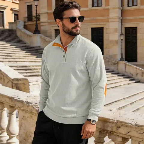 Men Long Sleeve Corduroy Sweatshirt With Button Henley Collar And Contrast Elbow Patches Retro Casual Pullover Top