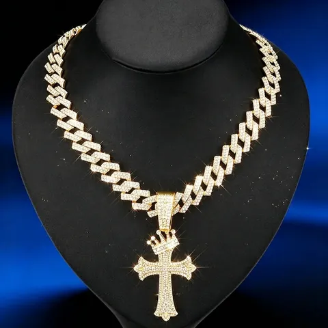 Collar Con Colgante De Cruz Hip Hop Iced Out Con Corona Aleación Diamantes De Imitación Cadena Cubana Joyería Trendy Unisex