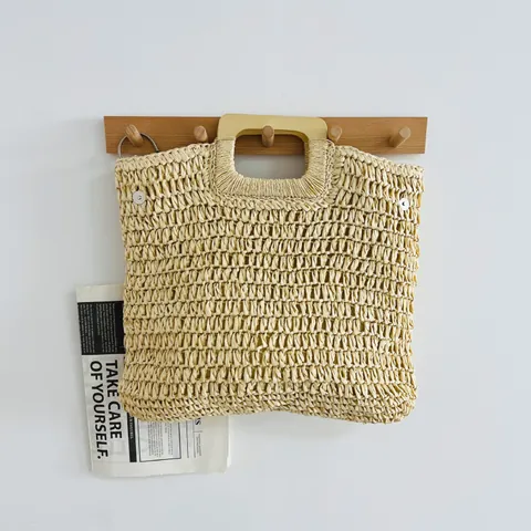 Handgefertigte Papier Gewebte Handtasche Mit Holzgriff Sommer Strand Stroh Tote Muschel Häkelmuster Urlaub Stil Für Damen