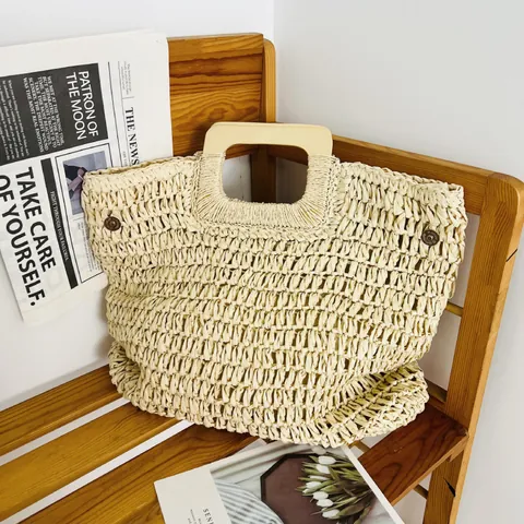 Handgefertigte Papier Gewebte Handtasche Mit Holzgriff Sommer Strand Stroh Tote Muschel Häkelmuster Urlaub Stil Für Damen