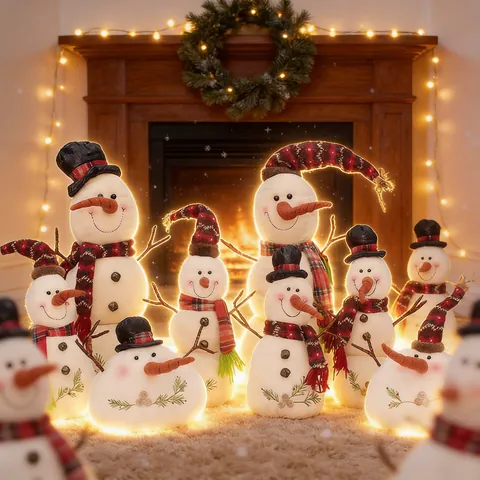 Christmas Snowman Ornaments Burlap Cotton Fabric Figurines With Plaid Hat Scarf Wooden Branch Carrot Nose Winter Decor