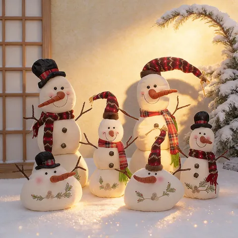 Christmas Snowman Ornaments Burlap Cotton Fabric Figurines With Plaid Hat Scarf Wooden Branch Carrot Nose Winter Decor