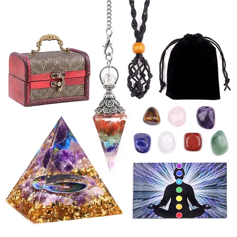 Heilkristall-Set Mit Orgonit-Pyramide 7 Chakra Trommelsteine Harz-Pendel Holz-Geschenkbox Für Meditation Energie Yoga