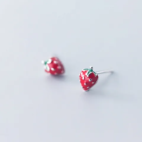 925 Sterling Silver Strawberry Stud Earrings Red Enamel Fruit Ear Jewelry For Women Girls Cute Pastoral Style Small Earrings