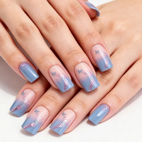 Unghie Finte Lucide Blu Rosa Sfumate Corte Quadrate Motivo Farfalla Glitter Viola Unghie Artificiali per Donna Decorazione Quotidiana