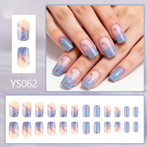 Unghie Finte Lucide Blu Rosa Sfumate Corte Quadrate Motivo Farfalla Glitter Viola Unghie Artificiali per Donna Decorazione Quotidiana