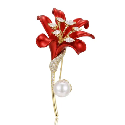 Eleganter Kupfer Zirkonia Lilie Blume Brosche Für Damen Rot Emaille Botanisch Floral Pins Mit Künstlicher Perle Kleidung Zubehör