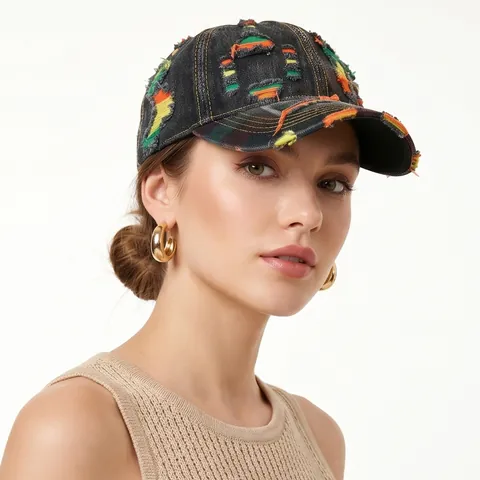 Casquette De Baseball En Jean Délavé Déchiré Coutures Colorées Rétro Streetwear Protection Solaire Réglable Pour Hommes Femmes