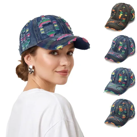 Casquette De Baseball En Jean Délavé Déchiré Coutures Colorées Rétro Streetwear Protection Solaire Réglable Pour Hommes Femmes