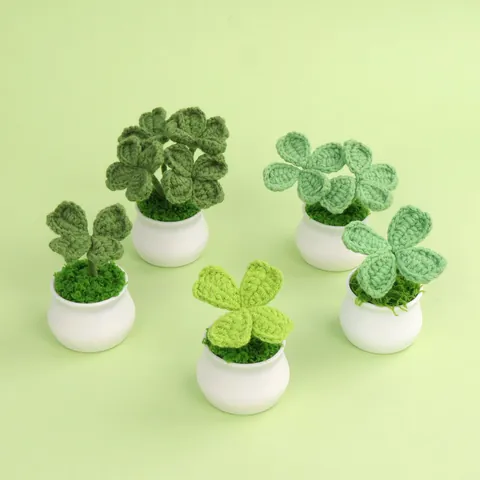 Handmade Crochet Four-Leaf Clover Potted Plant Artificial Greenery Home Office Desk Decor Car Ornament Healing Gift