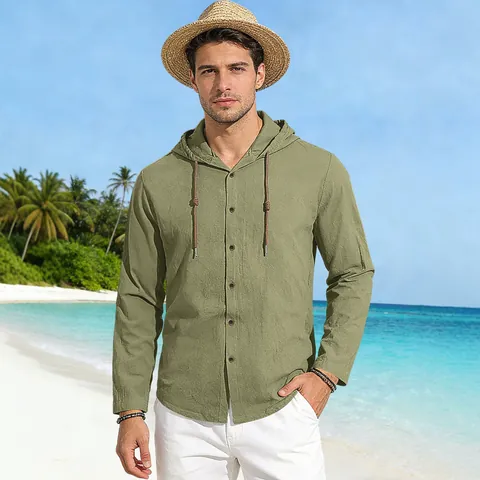 Herren Kapuzenhemd Baumwolle Leinen Textur Langarm Knopfleiste Kordelzug Atmungsaktiv Sommer Strand Freizeit Urlaub Oberteile