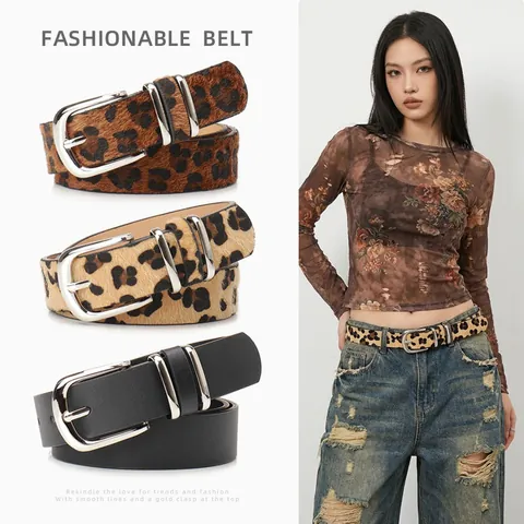 Cinturón de Moda para Mujer con Estampado de Leopardo en Cuero PU Con Hebilla de Pasador de Aleación de Plata Cintura Delgada Versátil