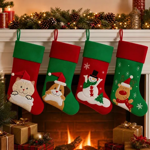 Cartoon Christmas Stockings Reindeer Snowman Cat Dog Pattern Polyester Fiber Large Xmas Gift Socks For Christmas Tree Fireplace Hanging Decor