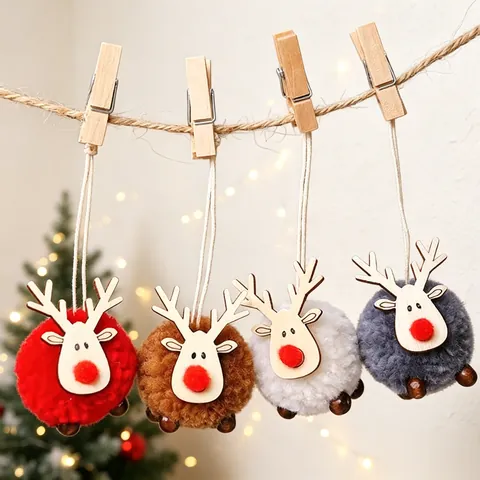 Addobbi Natalizi a Renna In Legno Lana di Agnello Palla di Peluche Renna Decorazioni Appese Per Albero di Natale Casa Festa
