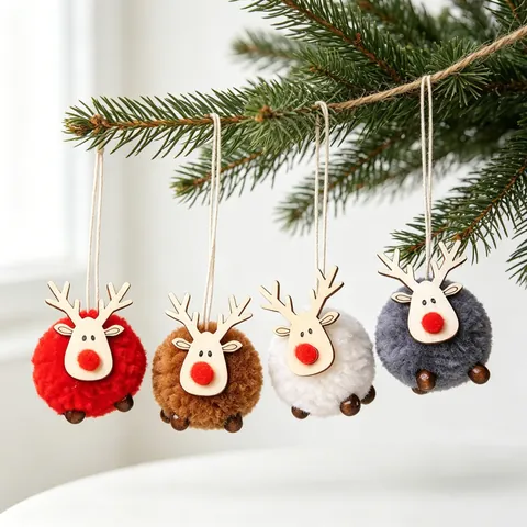 Addobbi Natalizi a Renna In Legno Lana di Agnello Palla di Peluche Renna Decorazioni Appese Per Albero di Natale Casa Festa