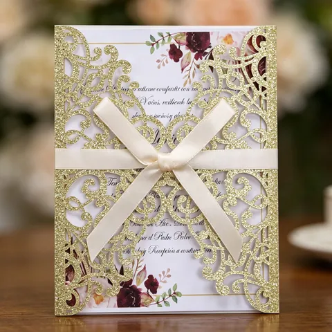 Elegant Laser Cut Wedding Invitation Cards Glitter Hollow Invitation Set With Ribbon Bow For Wedding Quinceañera Party Supplies