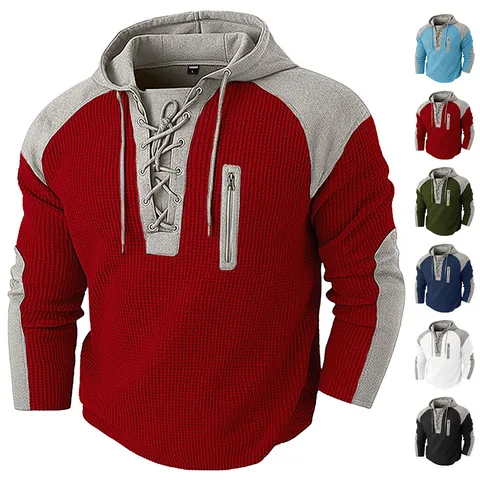Herren Waffelstrick Hoodie Kordelzug Color Block Sweatshirt Lässig Langarm Sport Patchwork Oberteil Für Männer