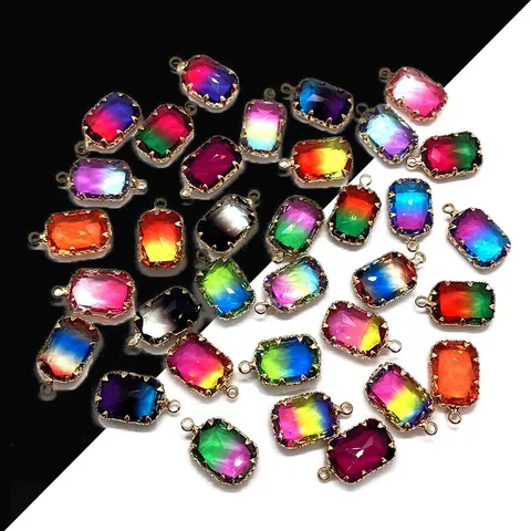 Faceted Crystal Glass Rectangular Pendants Gradient Rainbow Color Gold Metal Frame DIY Jewelry Making Charms