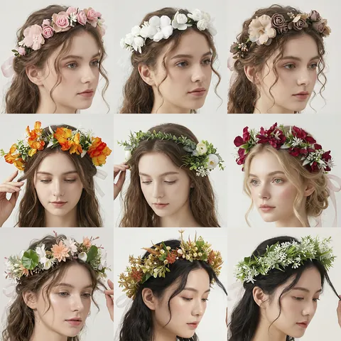Flower Crown Headband Floral Garland Hair Vine Bridal Wedding Wreath Bohemian Forest Fabric Accessory Women Girls Ribbon