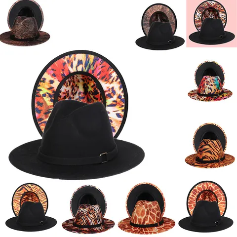Women Men Vintage Fedora Hat Gradient Tie Dye Leopard Print Cotton Blend Wide Brim Jazz Hat Panama Cap Autumn Winter