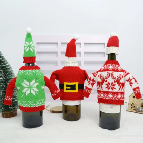 Christmas Wine Bottle Cover Mini Knitted Sweater And Hat Set For Holiday Table Decorations Xmas Party Decor Polyester Cloth Decor