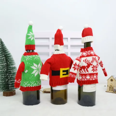 Christmas Wine Bottle Cover Mini Knitted Sweater And Hat Set For Holiday Table Decorations Xmas Party Decor Polyester Cloth Decor