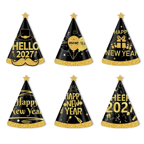 Frohes Neues Jahr 2026 Party Deko Papierhüte Und Brillen Foto Requisiten Schwarz Gold Glitzer Festliches Zubehör