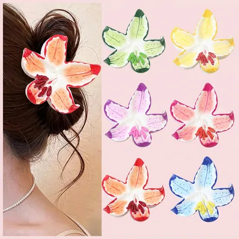 Lily Flower Hair Claw Clip For Women PS Material Gradient Color Lacquer Shark Clip Summer Beach Vacation Hair Accessories