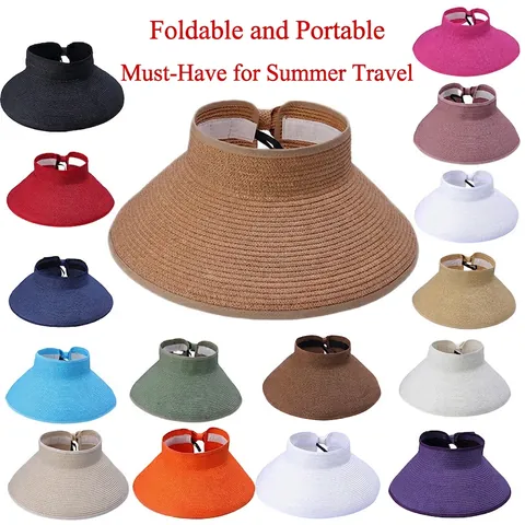 Women's Foldable Straw Sun Visor Hat Wide Brim Summer Beach Sun Hat Adjustable Breathable Empty Top Straw Hat For Women