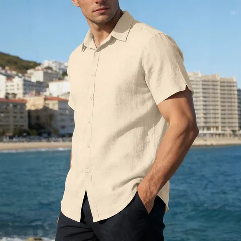 Men Casual Short Sleeve Shirt Linen Blend Breathable Solid Color Lapel Button Down Summer Beach Top
