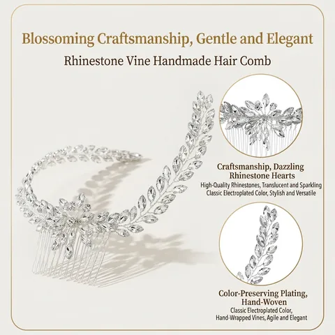 Peine para el Cabello de Novia de Lujo Con Strass Marquise y Perla Artificial de Imitación Hecho a Mano Plata Floral Hoja Accesorios para el Cabello de Boda Mujeres