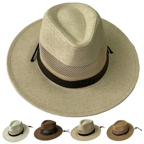 Unisex Breathable Straw Sun Hat Mesh Fedora Wide Brim Summer Beach Hat With Faux Leather Band And Windproof Rope