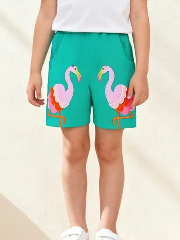 Mädchen Baumwolle Lässige Shorts Flamingo Stickerei Elastischer Bund Kordelzug Sportliche Sommershorts Für Kleinkinder Kinder