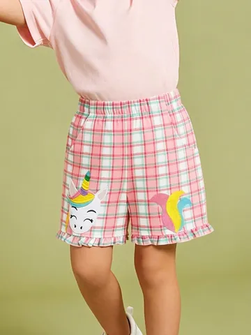 Pantaloncini in Cotone a Quadri Rosa per Bambina Estate Con Applicazione Unicorno e Bordo a Volant Abbigliamento Casual per Bambini