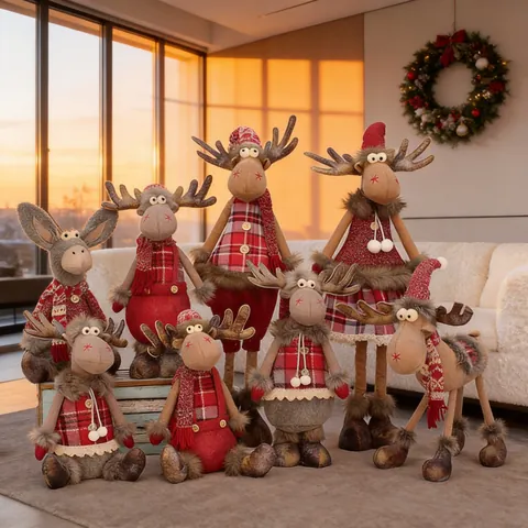 Christmas Reindeer Plush Doll Ornament Fabric Decorative Elk Figurine Red Plaid Retractable Legs Holiday Home Decoration