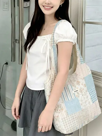 Sac À Épaule Patchwork Pour Femmes Grande Capacité Grille Florale Tissu Évidé Sac À Main Style Rétro
