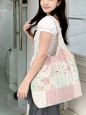 Sac À Épaule Patchwork Pour Femmes Grande Capacité Grille Florale Tissu Évidé Sac À Main Style Rétro