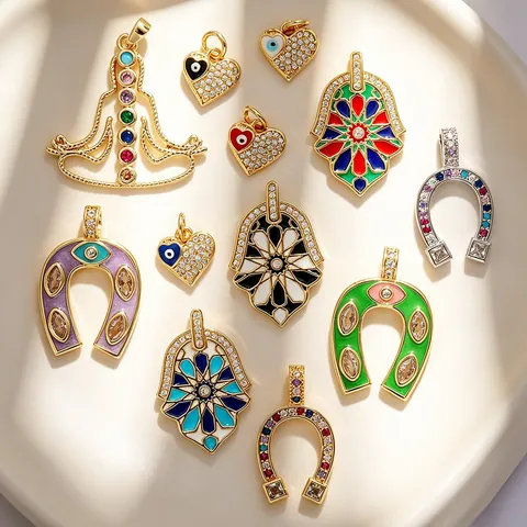 Horseshoe Pendant Copper Gold Plated With Colorful Zircon DIY Jewelry Making Charm Accessory Trendy Women