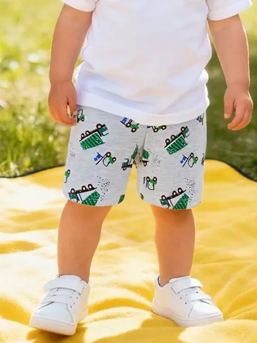 Pantaloncini Casual in Maglia di Cotone per Ragazzi Stampa Veicoli da Cantiere Estivi Comodi Pantaloncini a Vita Elastica per Bambini