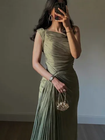Elegant One Shoulder Olive Green Evening Dress Shiny Ruched Pleated High Slit Maxi Wedding Party Formal Event Gown For Women