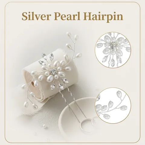 Pasador de Pelo de Novia Hecho a Mano Perla Artificial Diamante de Imitación Flor Horquilla Plata en U Boda para Mujer Joyería de Cabello