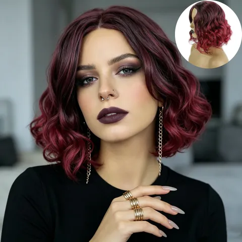 Damen Kurz Lockig Bob Perücke Synthetische Hitzebeständige Faser Schulterlang Spirallocken Weinrot Schwarz Mode Perücken Für Damen