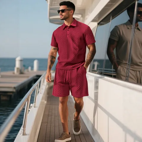Men Shorts Polyester Textured Jacquard Knit Elastic Waist Drawstring Summer Casual Beach Loose Lightweight Solid Color