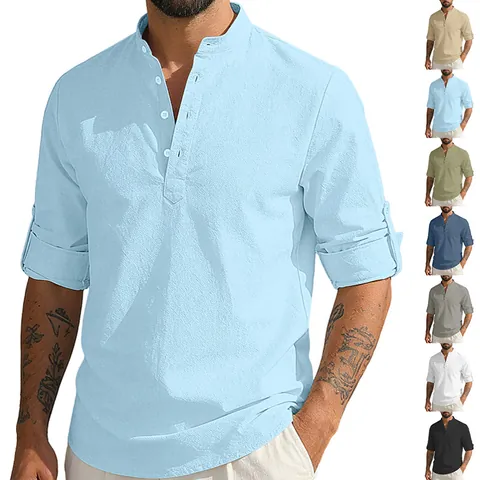 Chemise Henley Pour Hommes Manches Longues Texture Coton Lin Décontracté Col Officier Couleur Unie Coupe Ample Hauts Été